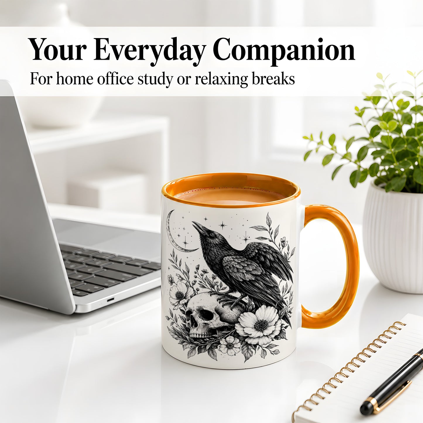 #pl[11oz|Orange] Raven Skull Floral Ceramic Mug, Crescent Moon Gothic Artwork