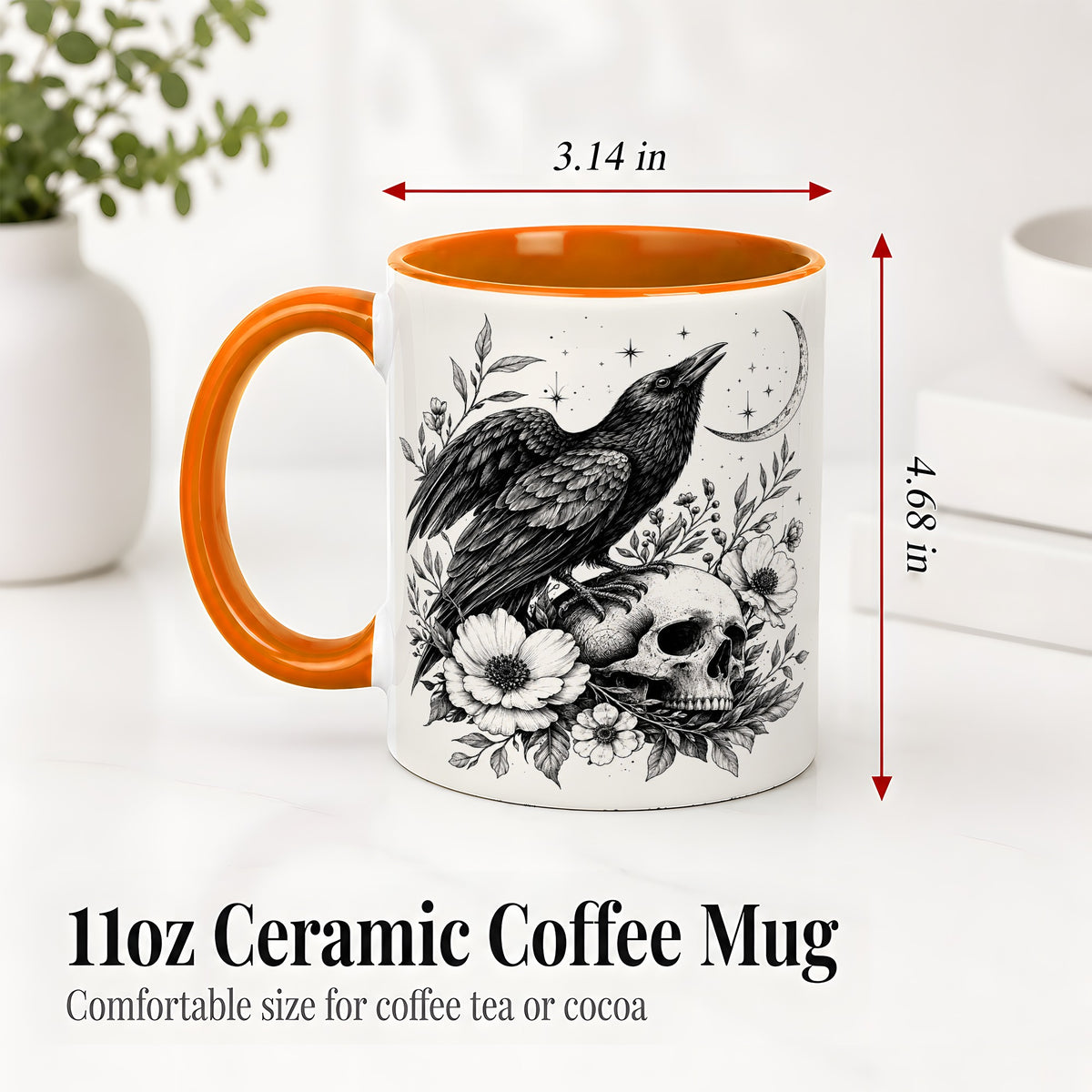 #pl[11oz|Orange] Raven Skull Floral Ceramic Mug, Crescent Moon Gothic Artwork