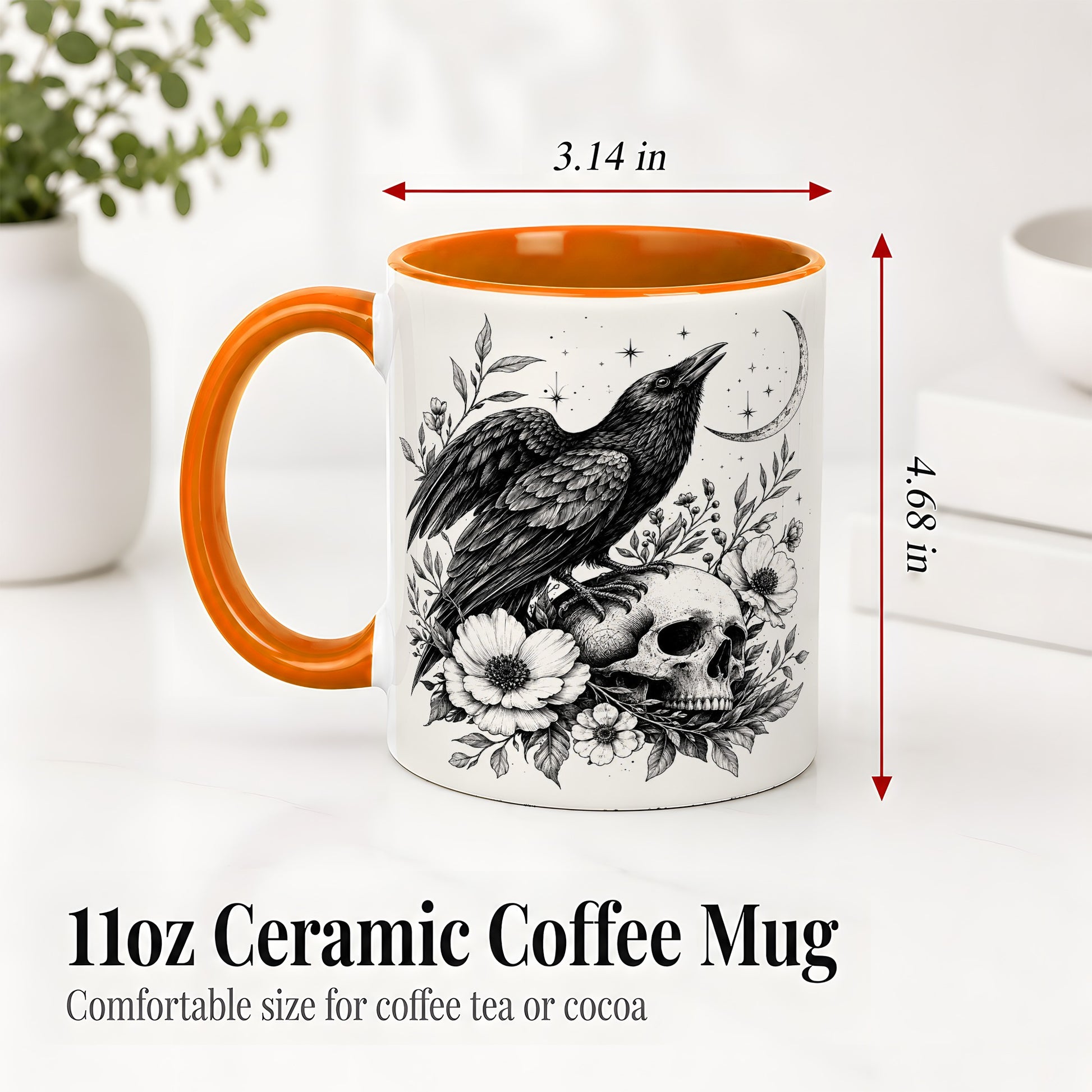 #pl[11oz|Orange] Raven Skull Floral Ceramic Mug, Crescent Moon Gothic Artwork