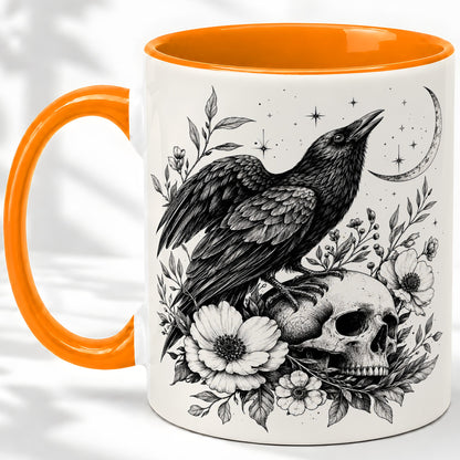 #pl[11oz|Orange] Raven Skull Floral Ceramic Mug, Crescent Moon Gothic Artwork