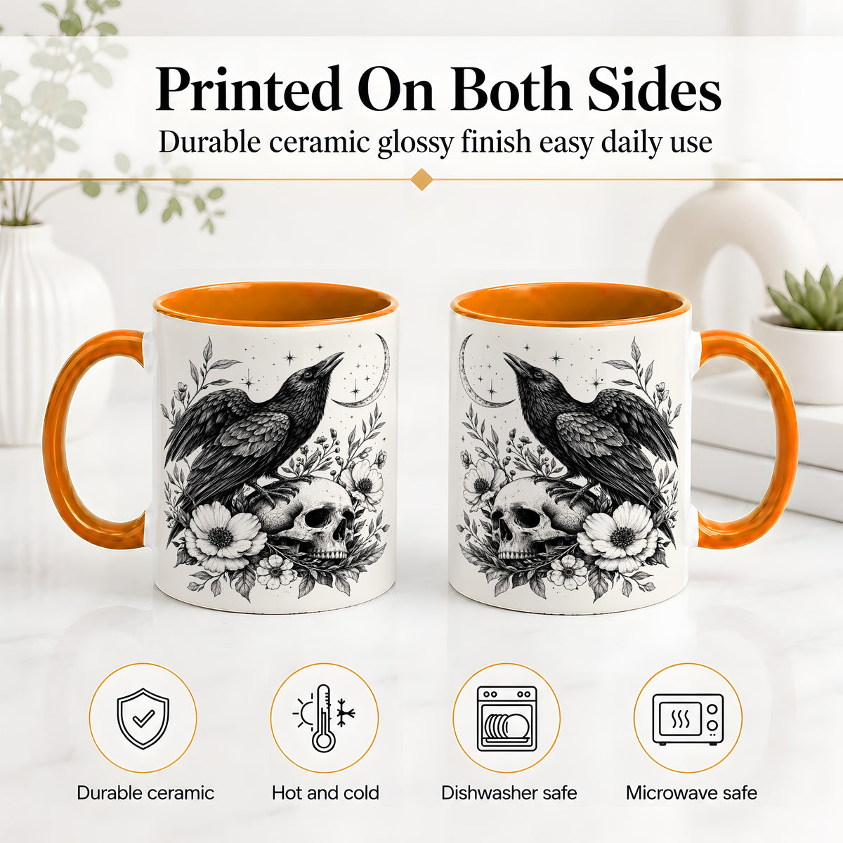 #pl[11oz|Orange] Raven Skull Floral Ceramic Mug, Crescent Moon Gothic Artwork