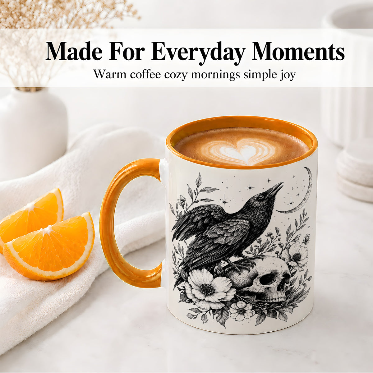 #pl[11oz|Orange] Raven Skull Floral Ceramic Mug, Crescent Moon Gothic Artwork