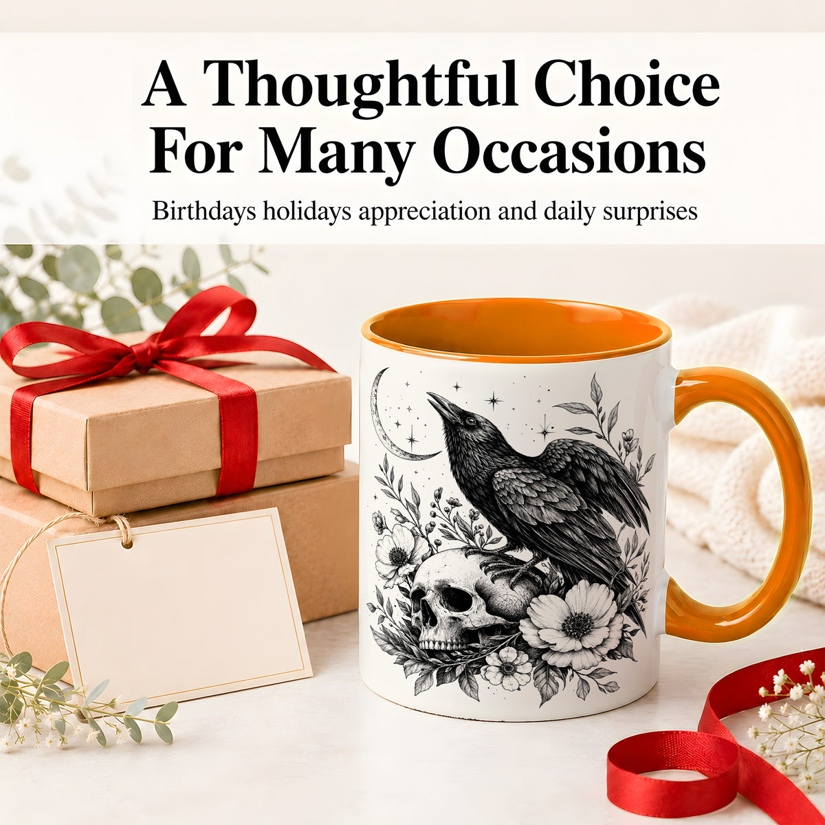 #pl[11oz|Orange] Raven Skull Floral Ceramic Mug, Crescent Moon Gothic Artwork