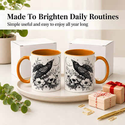 #pl[11oz|Orange] Raven Skull Floral Ceramic Mug, Crescent Moon Gothic Artwork
