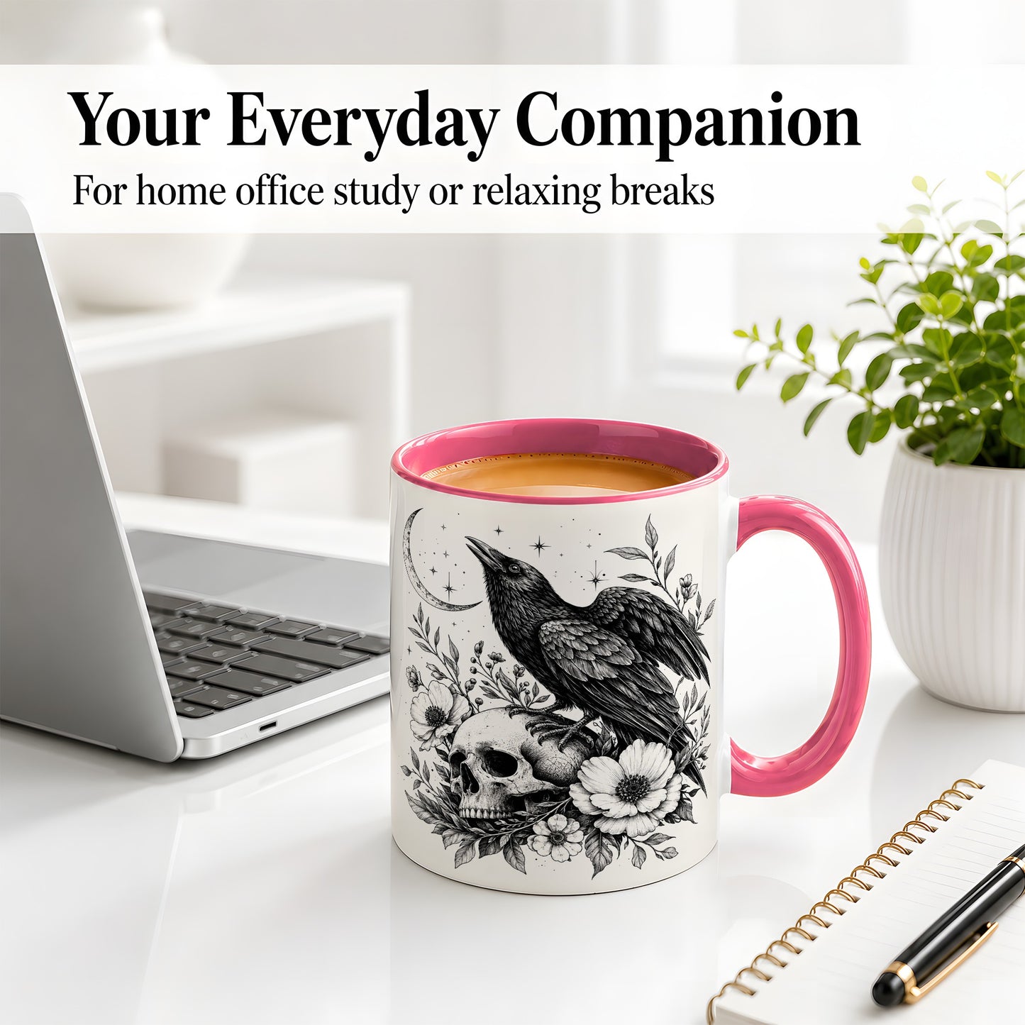 #pl[11oz|Pink] Raven Skull Floral Ceramic Mug, Crescent Moon Gothic Artwork