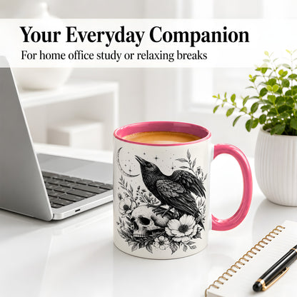 #pl[11oz|Pink] Raven Skull Floral Ceramic Mug, Crescent Moon Gothic Artwork