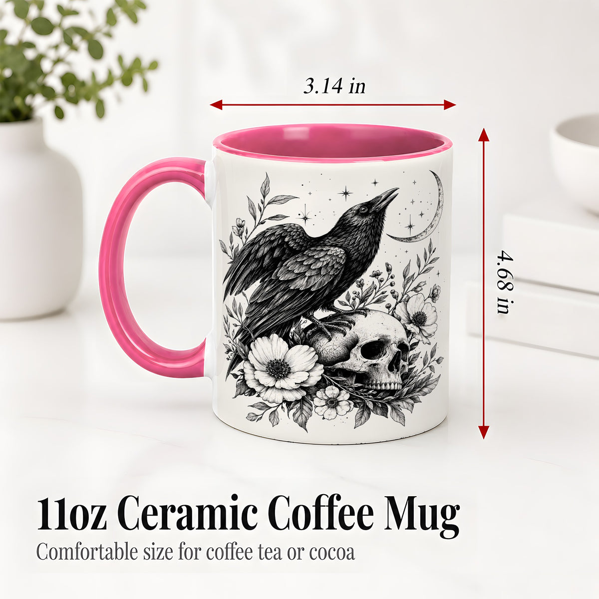 #pl[11oz|Pink] Raven Skull Floral Ceramic Mug, Crescent Moon Gothic Artwork