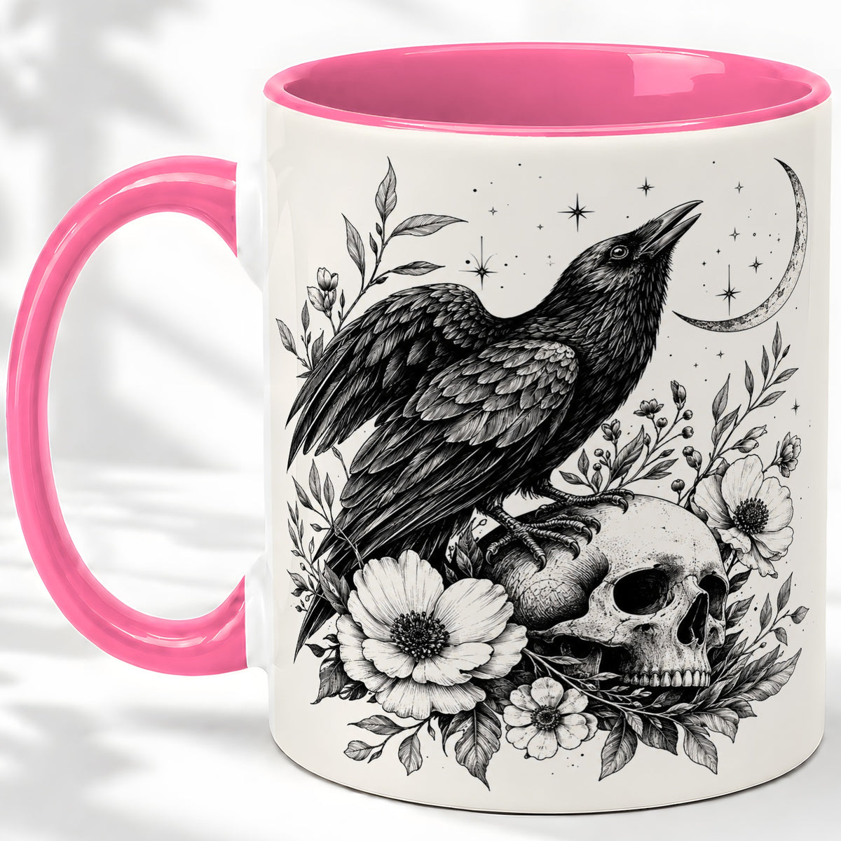 #pl[11oz|Pink] Raven Skull Floral Ceramic Mug, Crescent Moon Gothic Artwork