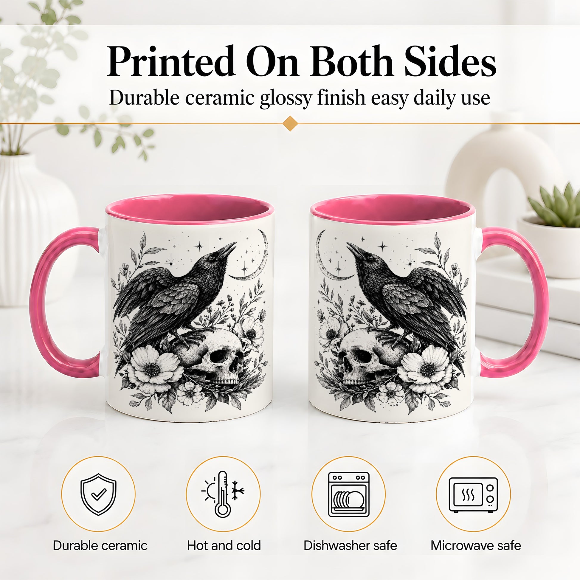 #pl[11oz|Pink] Raven Skull Floral Ceramic Mug, Crescent Moon Gothic Artwork