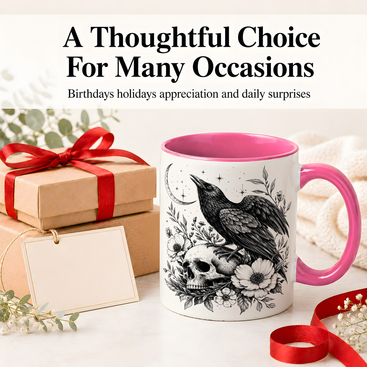 #pl[11oz|Pink] Raven Skull Floral Ceramic Mug, Crescent Moon Gothic Artwork
