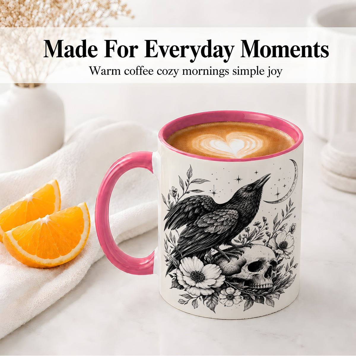 #pl[11oz|Pink] Raven Skull Floral Ceramic Mug, Crescent Moon Gothic Artwork