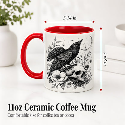 #pl[11oz|Red] Raven Skull Floral Ceramic Mug, Crescent Moon Gothic Artwork