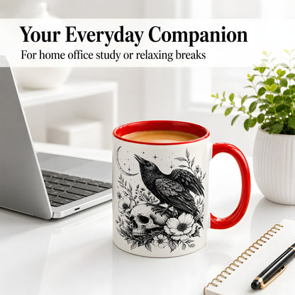 #pl[11oz|Red] Raven Skull Floral Ceramic Mug, Crescent Moon Gothic Artwork