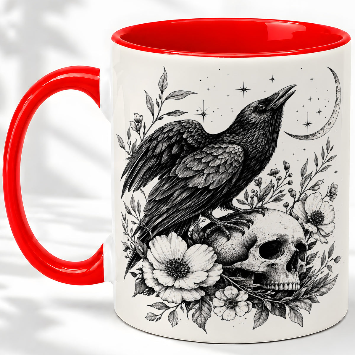 Raven Skull Floral Ceramic Mug, Crescent Moon Gothic Artwork