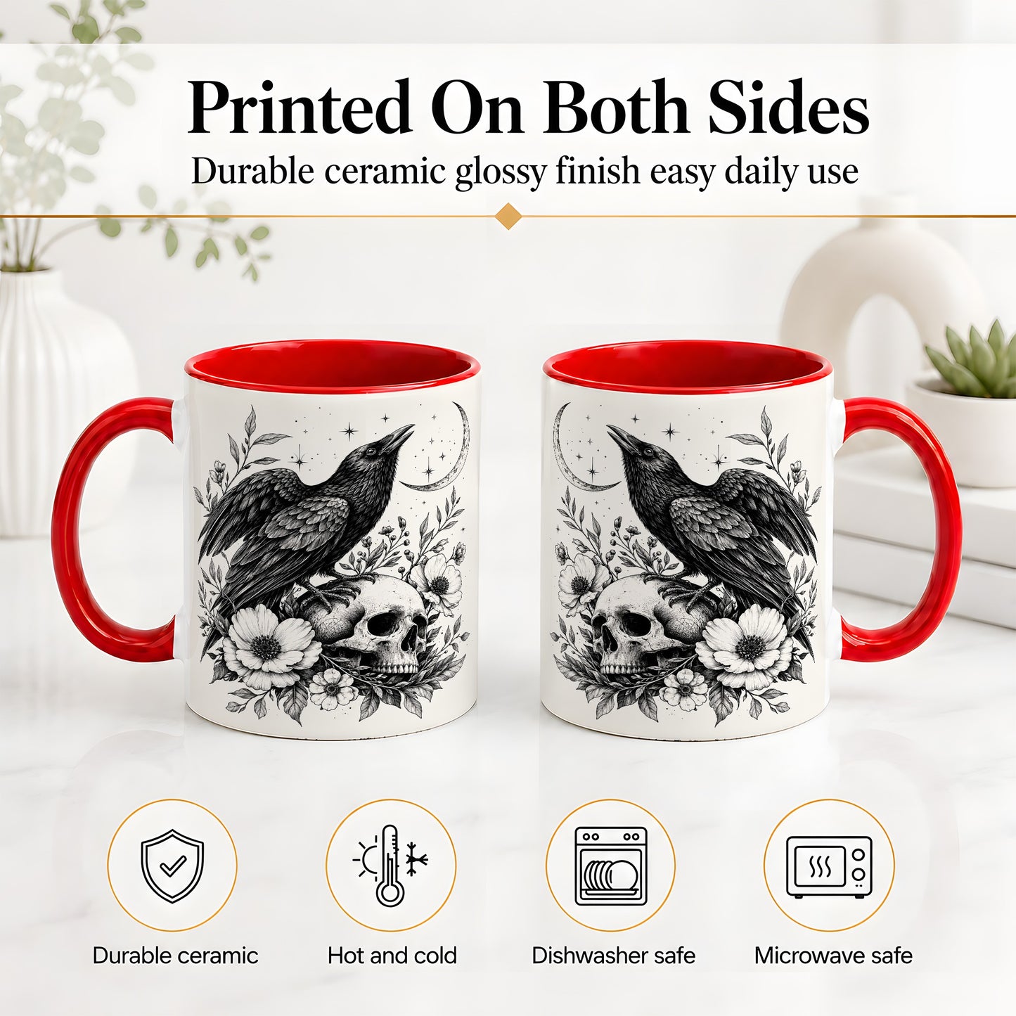 #pl[11oz|Red] Raven Skull Floral Ceramic Mug, Crescent Moon Gothic Artwork