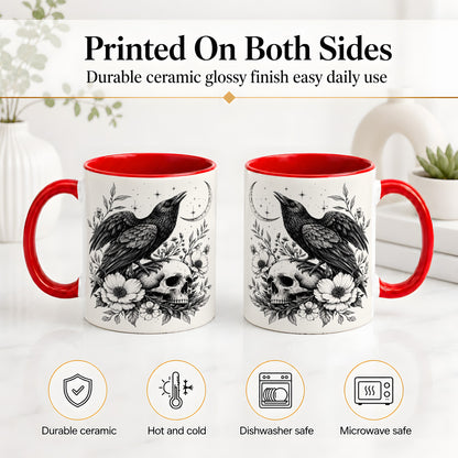 #pl[11oz|Red] Raven Skull Floral Ceramic Mug, Crescent Moon Gothic Artwork