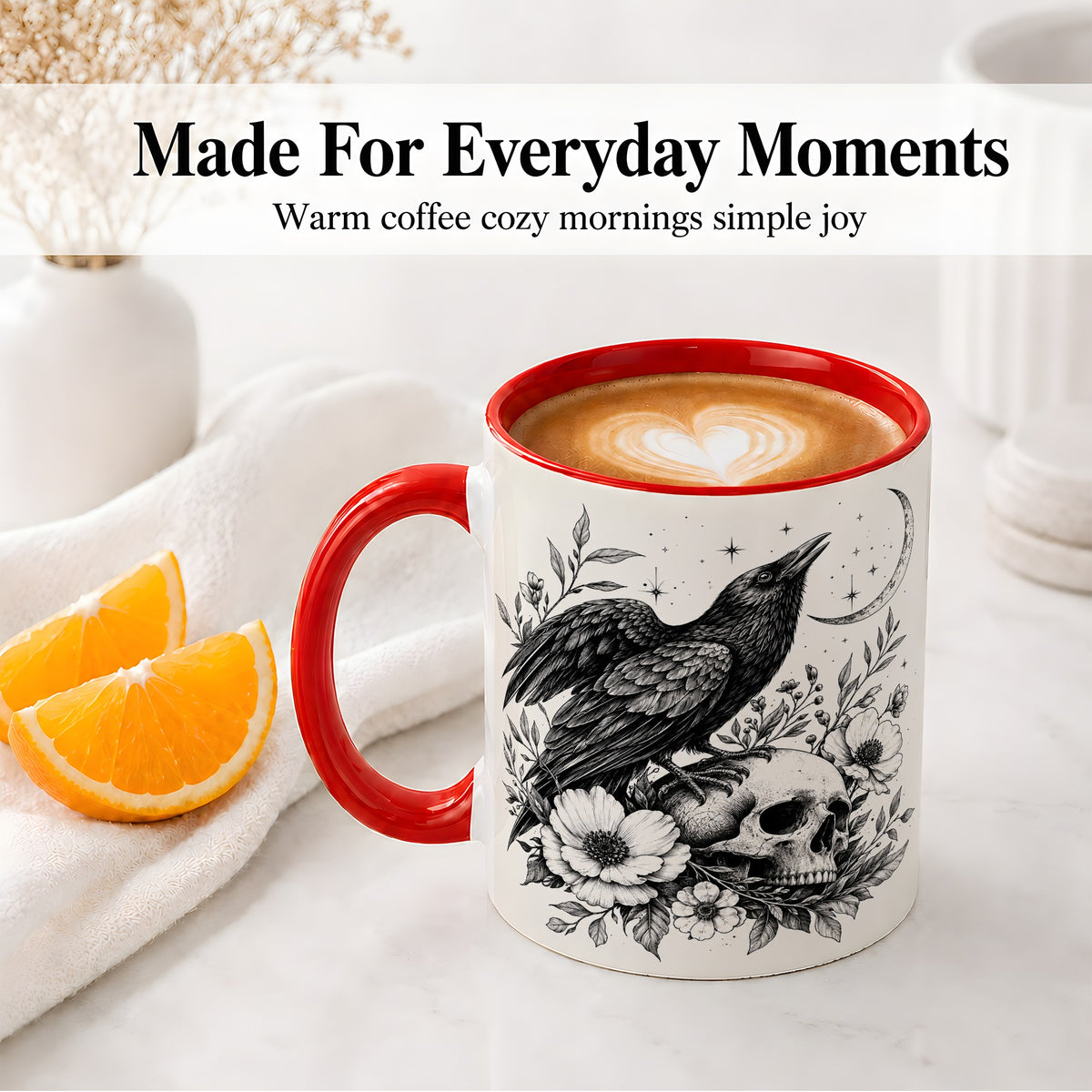 #pl[11oz|Red] Raven Skull Floral Ceramic Mug, Crescent Moon Gothic Artwork