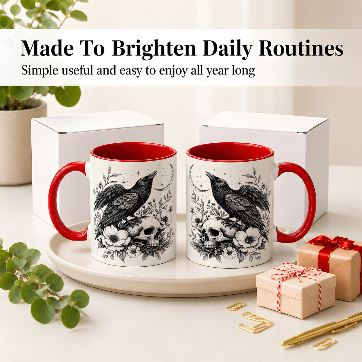 #pl[11oz|Red] Raven Skull Floral Ceramic Mug, Crescent Moon Gothic Artwork