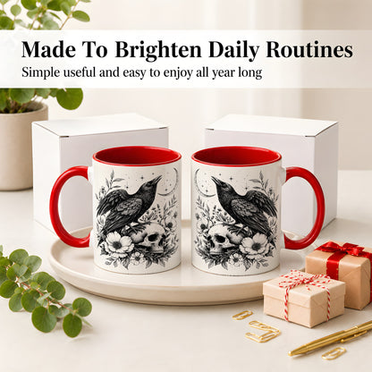 #pl[11oz|Red] Raven Skull Floral Ceramic Mug, Crescent Moon Gothic Artwork
