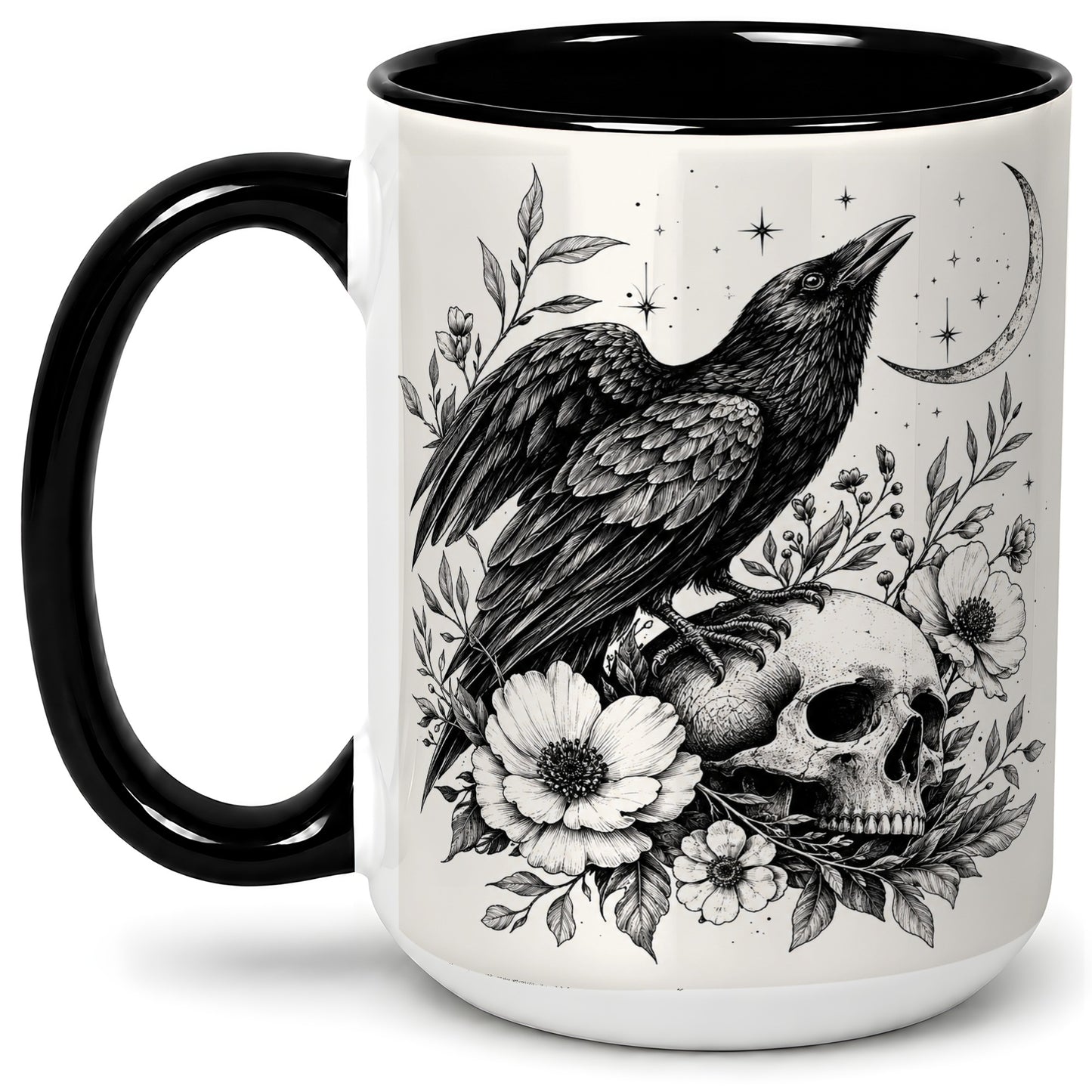 #pl[15oz|Black] Raven Skull Floral Ceramic Mug, Crescent Moon Gothic Artwork