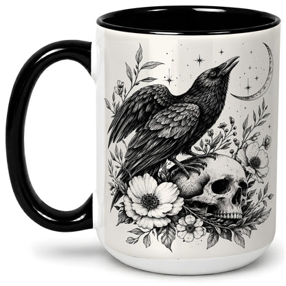 #pl[15oz|Black] Raven Skull Floral Ceramic Mug, Crescent Moon Gothic Artwork