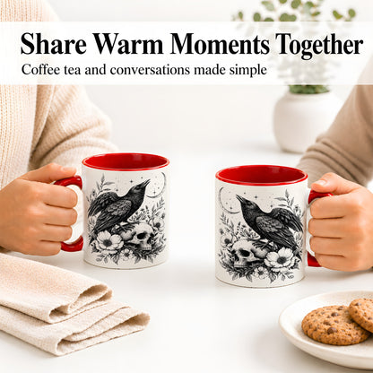 #pl[11oz|Red] Raven Skull Floral Ceramic Mug, Crescent Moon Gothic Artwork