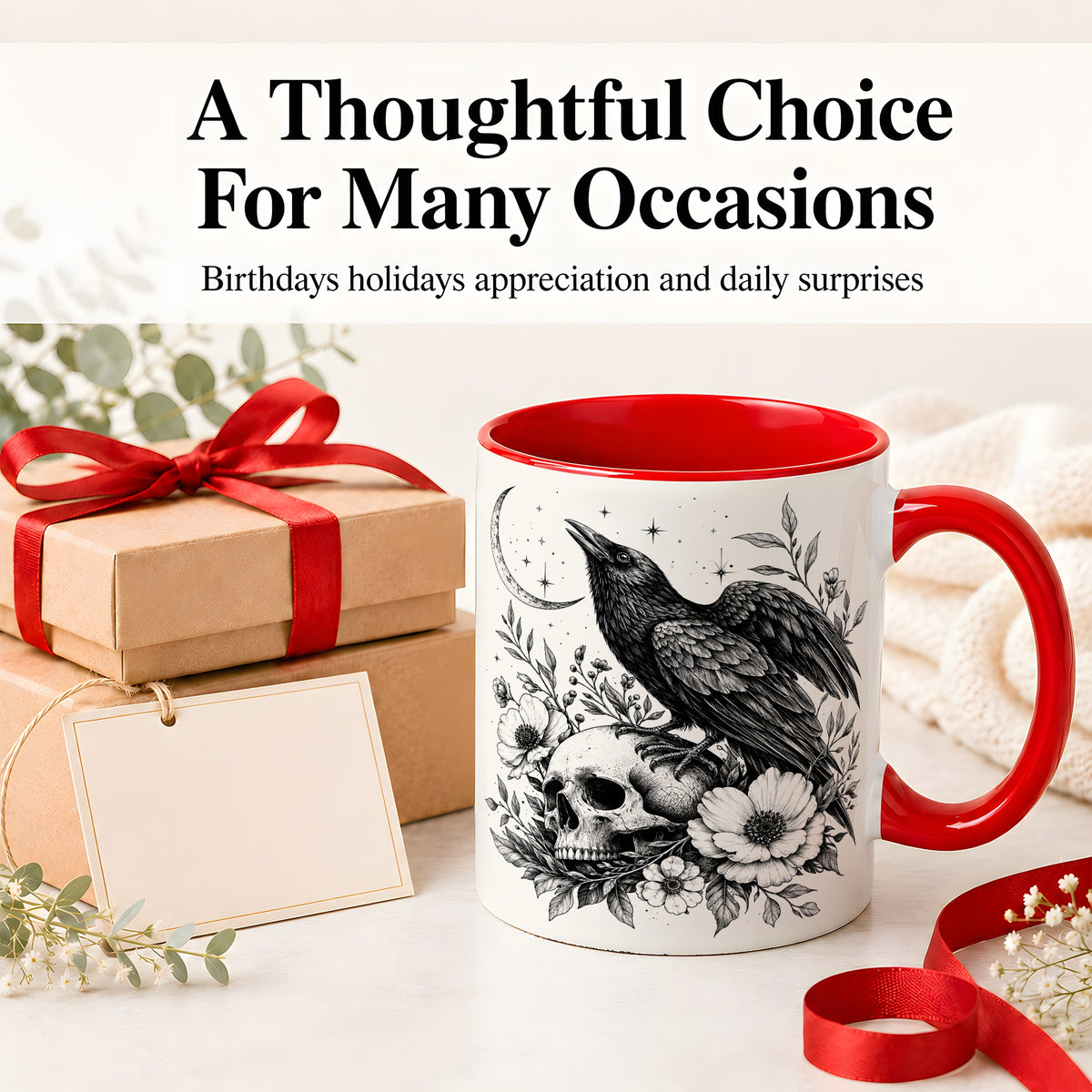#pl[11oz|Red] Raven Skull Floral Ceramic Mug, Crescent Moon Gothic Artwork