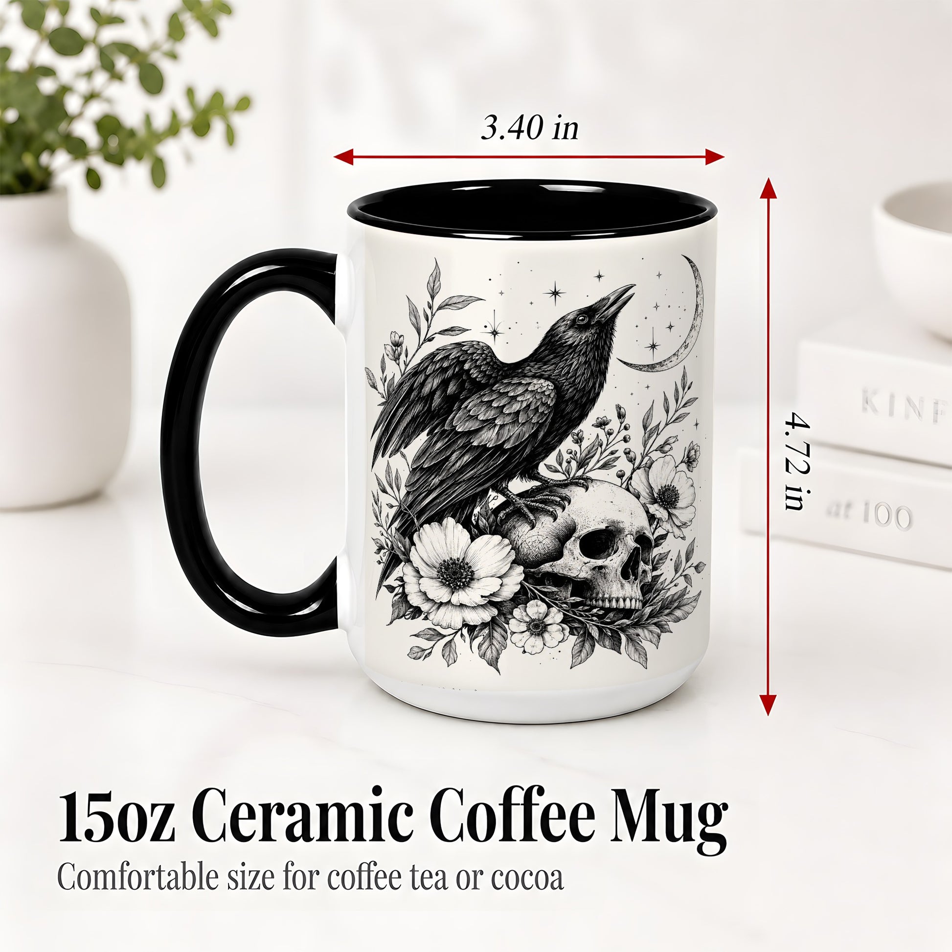 #pl[15oz|Black] Raven Skull Floral Ceramic Mug, Crescent Moon Gothic Artwork