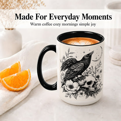 #pl[15oz|Black] Raven Skull Floral Ceramic Mug, Crescent Moon Gothic Artwork