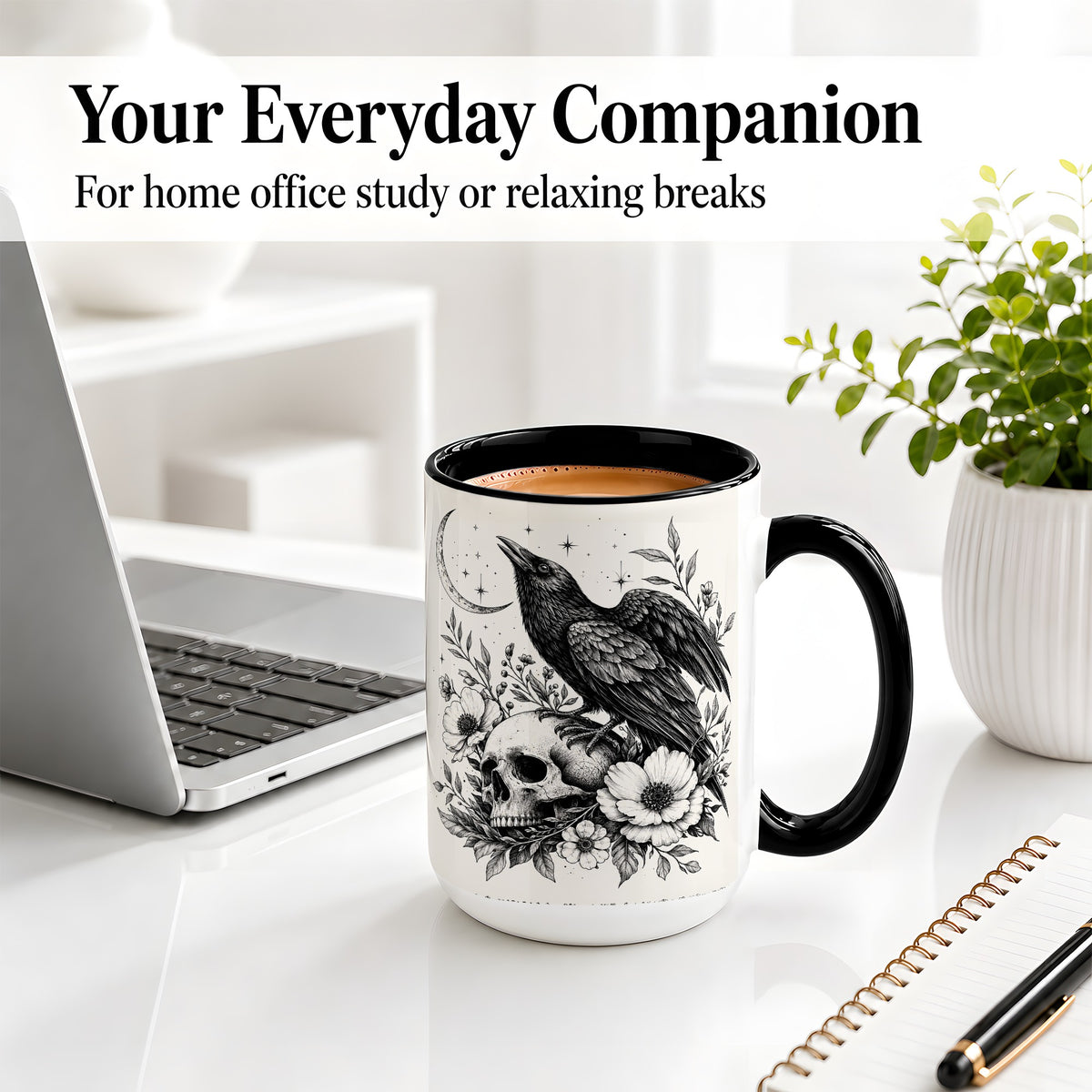 #pl[15oz|Black] Raven Skull Floral Ceramic Mug, Crescent Moon Gothic Artwork