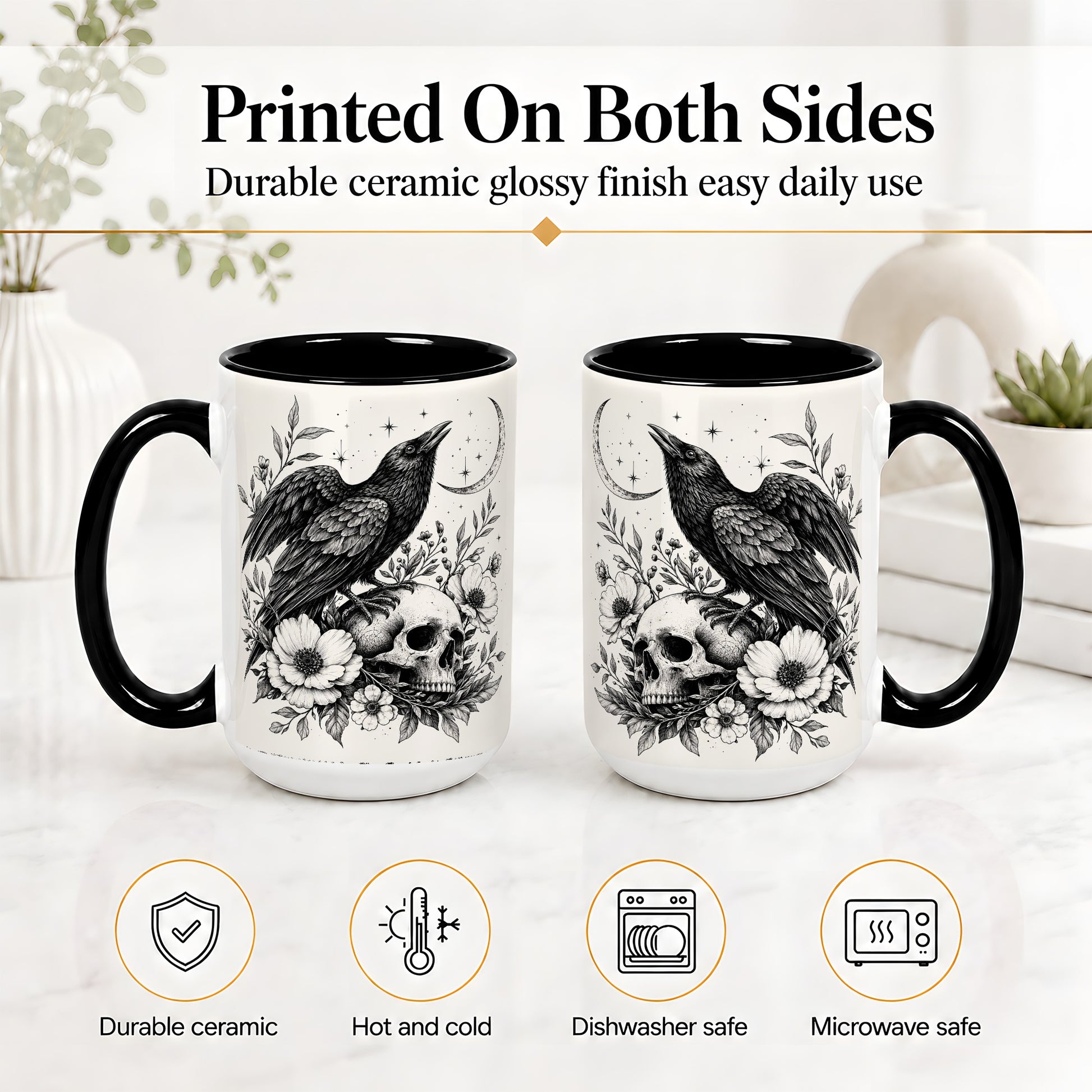 #pl[15oz|Black] Raven Skull Floral Ceramic Mug, Crescent Moon Gothic Artwork
