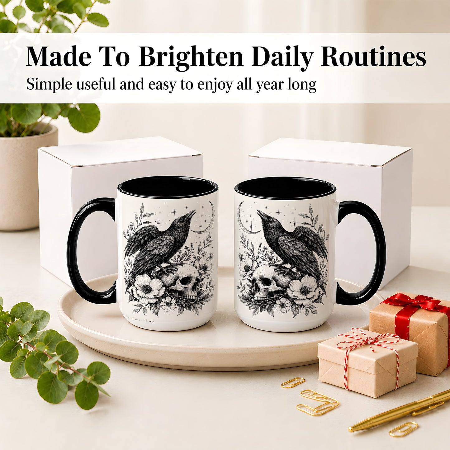 #pl[15oz|Black] Raven Skull Floral Ceramic Mug, Crescent Moon Gothic Artwork