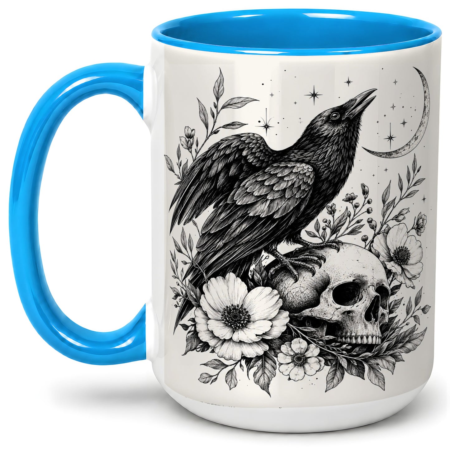 #pl[15oz|Blue] Raven Skull Floral Ceramic Mug, Crescent Moon Gothic Artwork