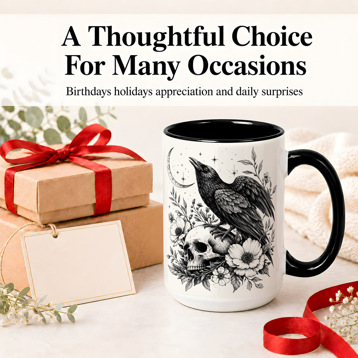 #pl[15oz|Black] Raven Skull Floral Ceramic Mug, Crescent Moon Gothic Artwork