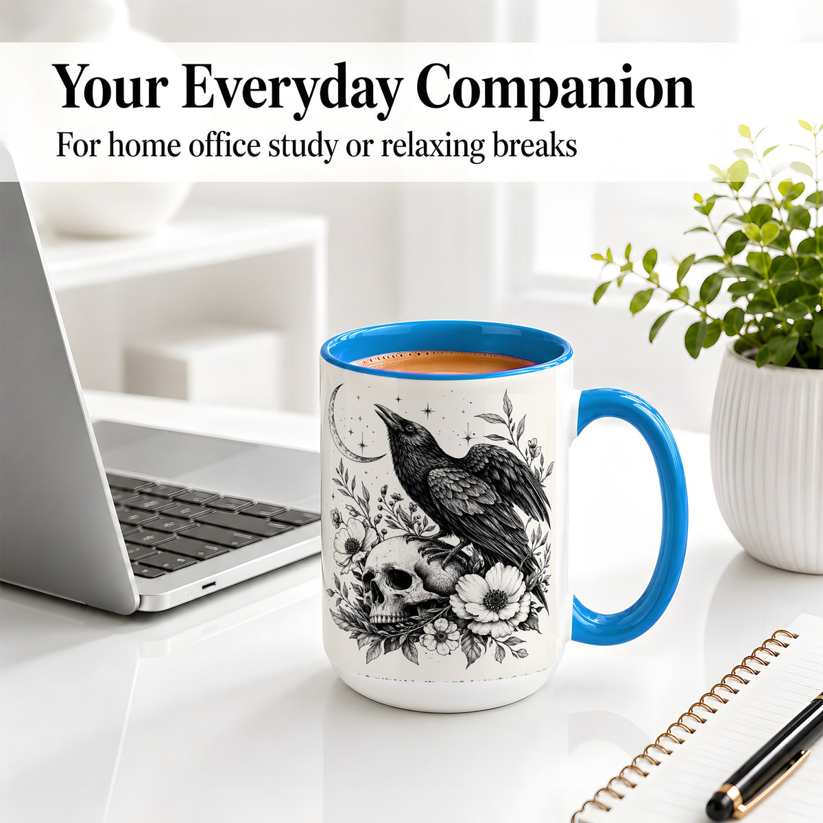 #pl[15oz|Blue] Raven Skull Floral Ceramic Mug, Crescent Moon Gothic Artwork