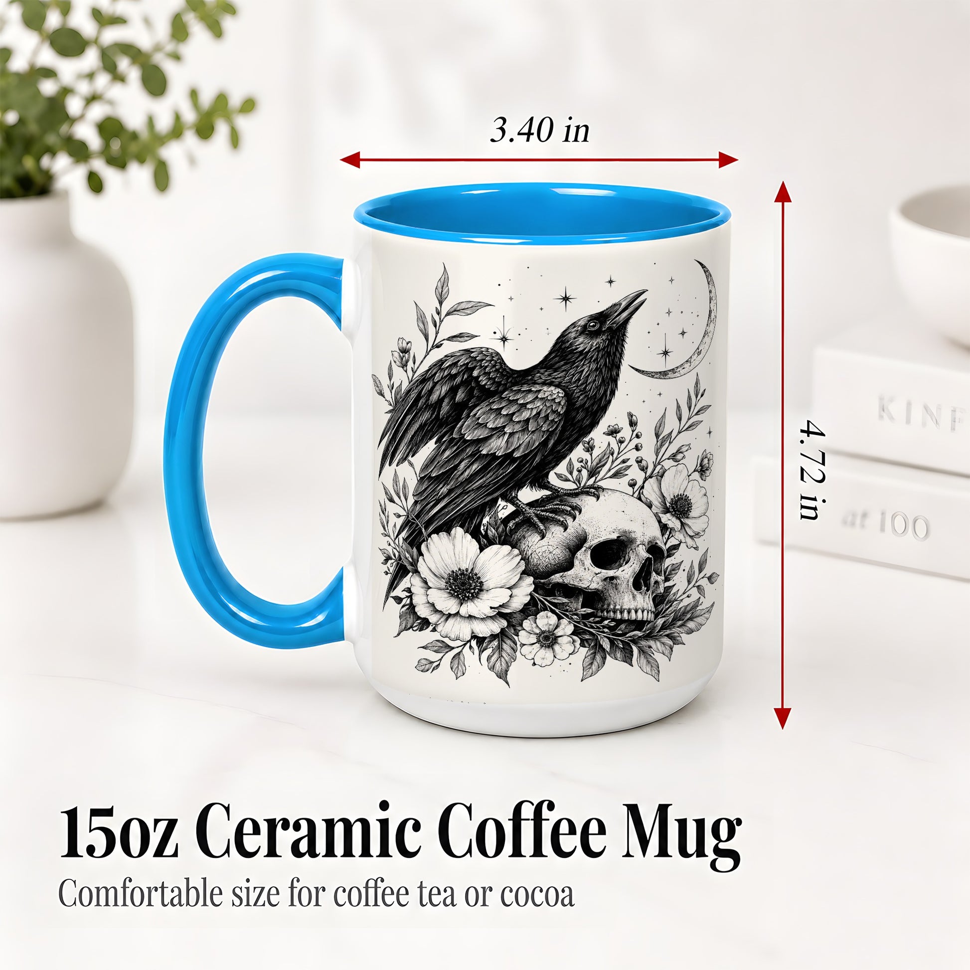 #pl[15oz|Blue] Raven Skull Floral Ceramic Mug, Crescent Moon Gothic Artwork