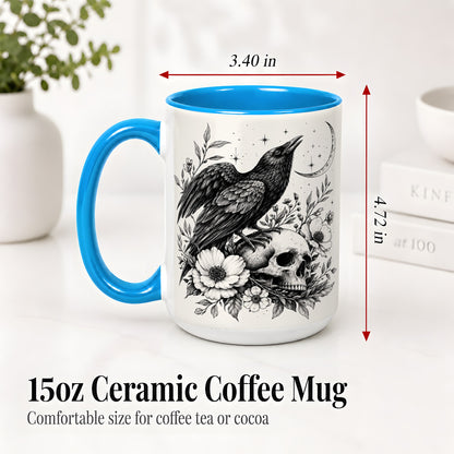 #pl[15oz|Blue] Raven Skull Floral Ceramic Mug, Crescent Moon Gothic Artwork