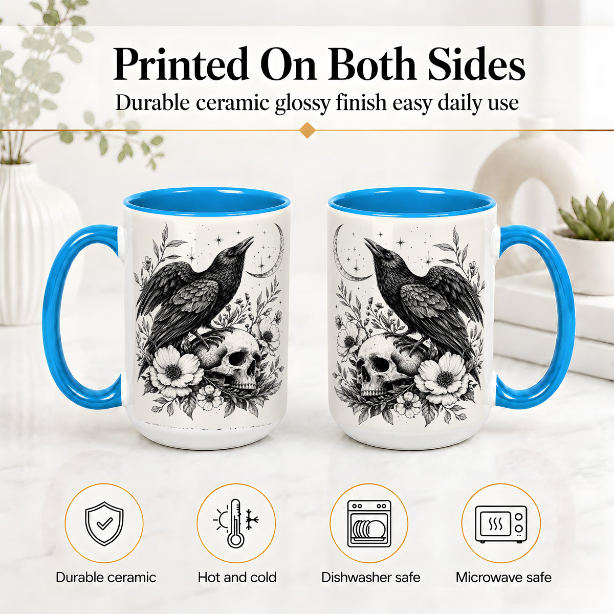 #pl[15oz|Blue] Raven Skull Floral Ceramic Mug, Crescent Moon Gothic Artwork