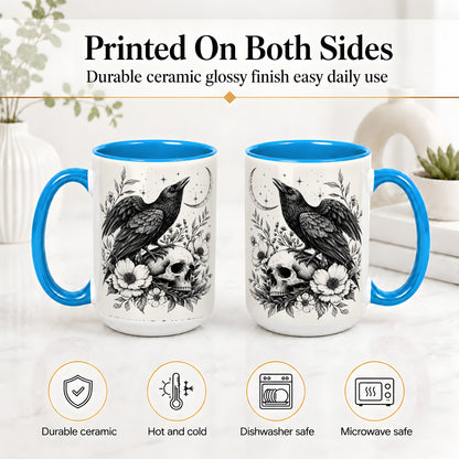 #pl[15oz|Blue] Raven Skull Floral Ceramic Mug, Crescent Moon Gothic Artwork