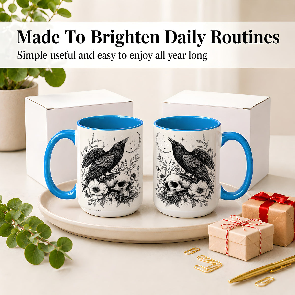 #pl[15oz|Blue] Raven Skull Floral Ceramic Mug, Crescent Moon Gothic Artwork