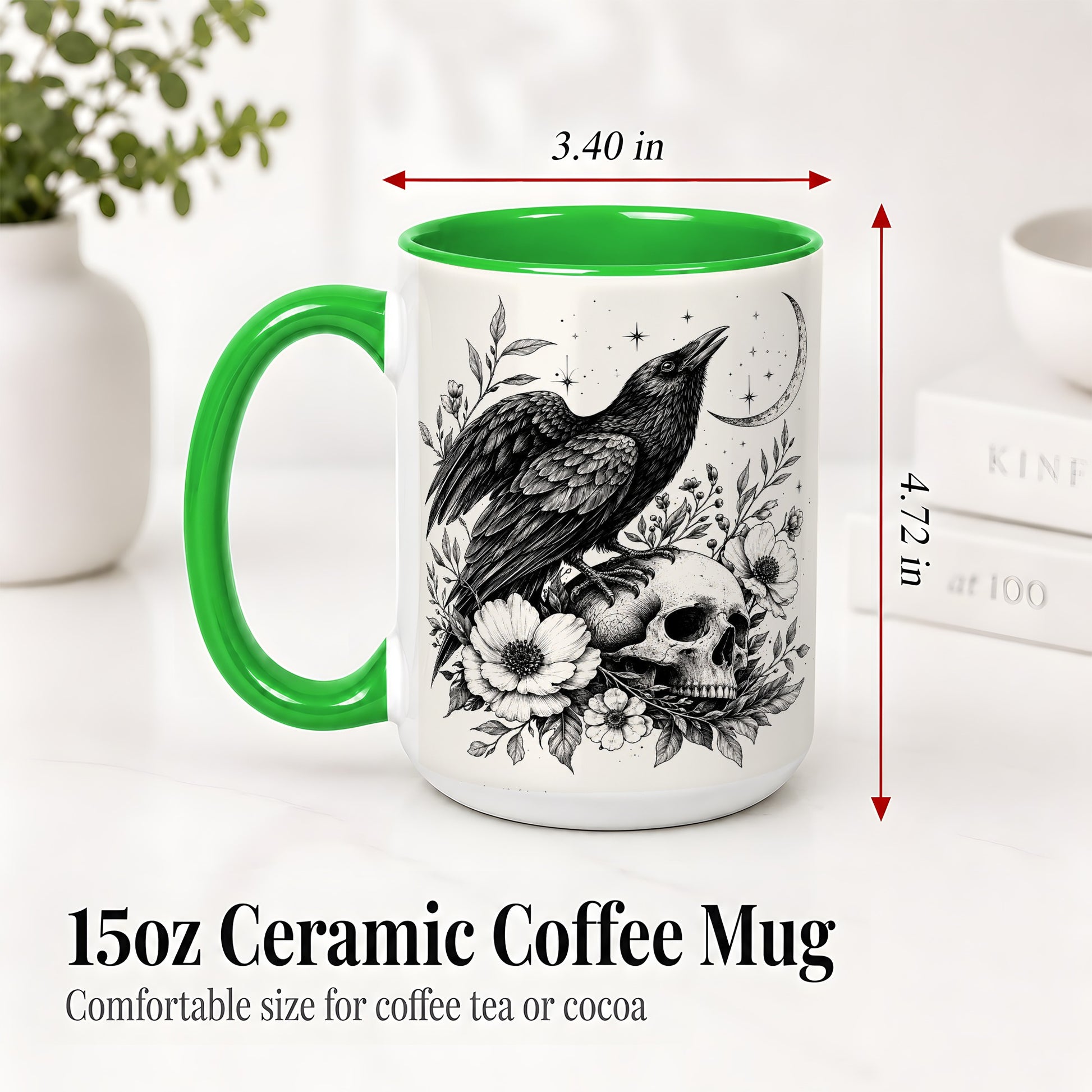 #pl[15oz|Green] Raven Skull Floral Ceramic Mug, Crescent Moon Gothic Artwork
