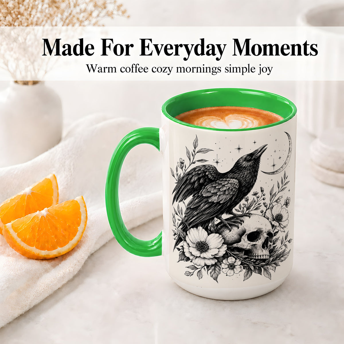 #pl[15oz|Green] Raven Skull Floral Ceramic Mug, Crescent Moon Gothic Artwork