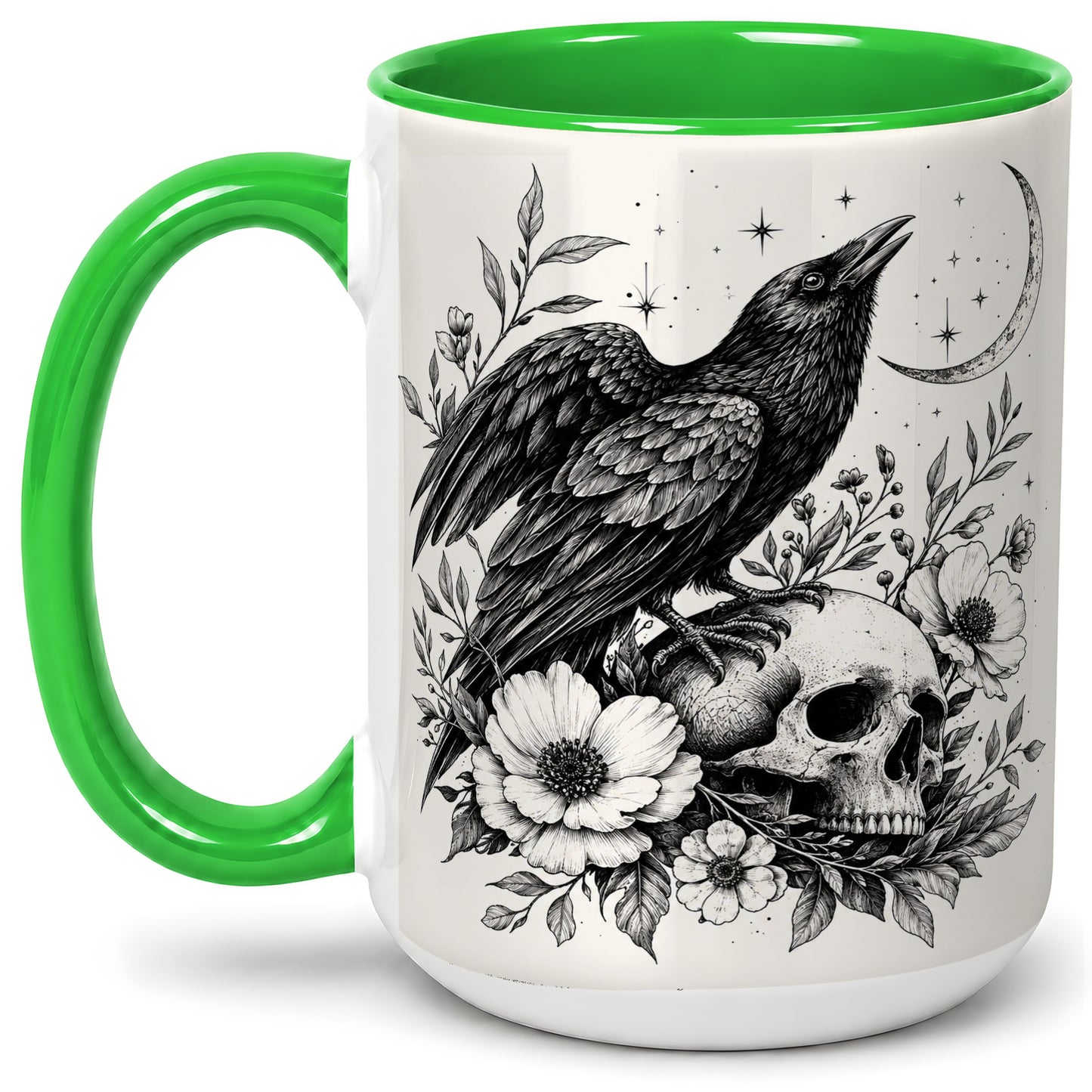 #pl[15oz|Green] Raven Skull Floral Ceramic Mug, Crescent Moon Gothic Artwork