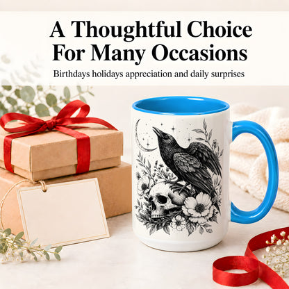 #pl[15oz|Blue] Raven Skull Floral Ceramic Mug, Crescent Moon Gothic Artwork