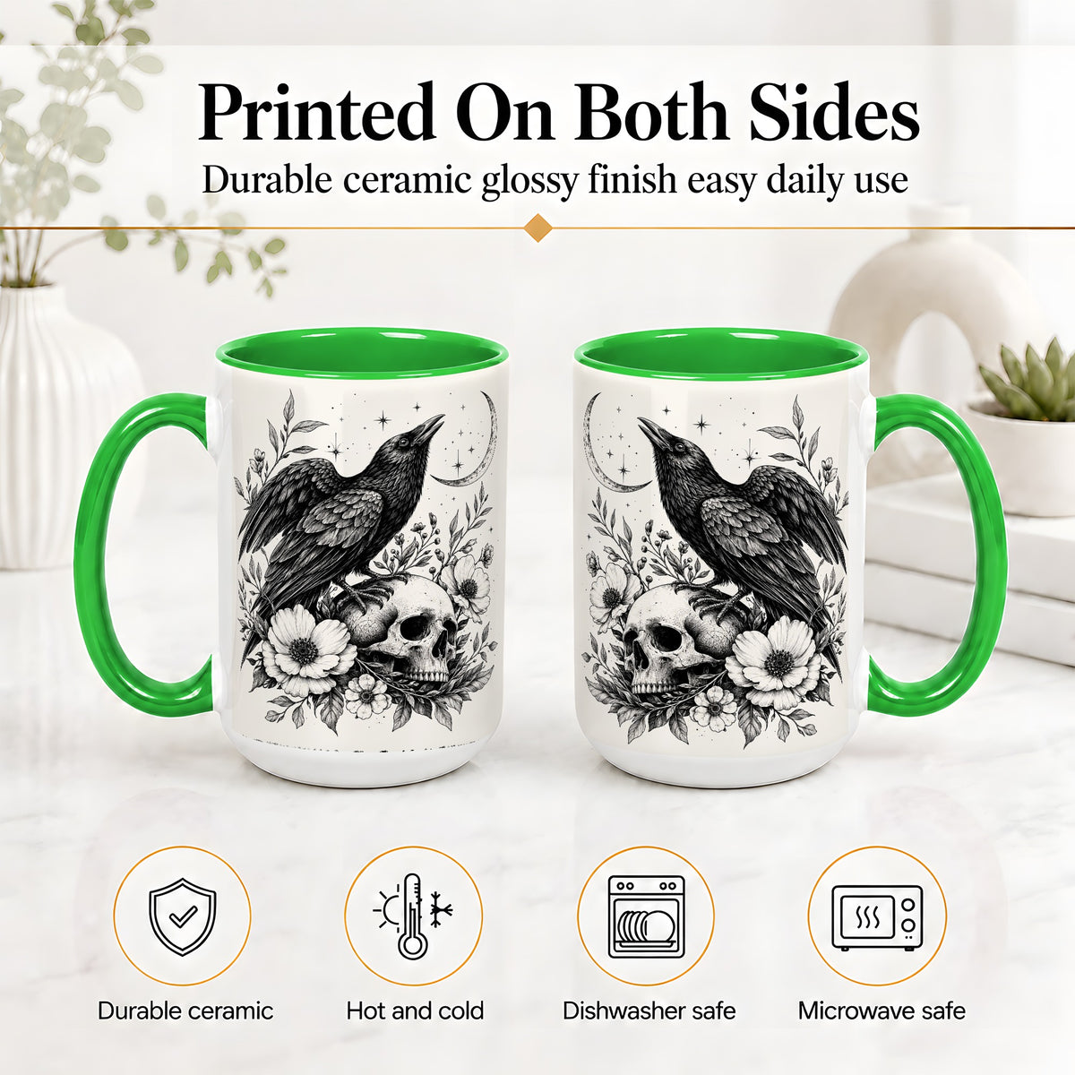 #pl[15oz|Green] Raven Skull Floral Ceramic Mug, Crescent Moon Gothic Artwork