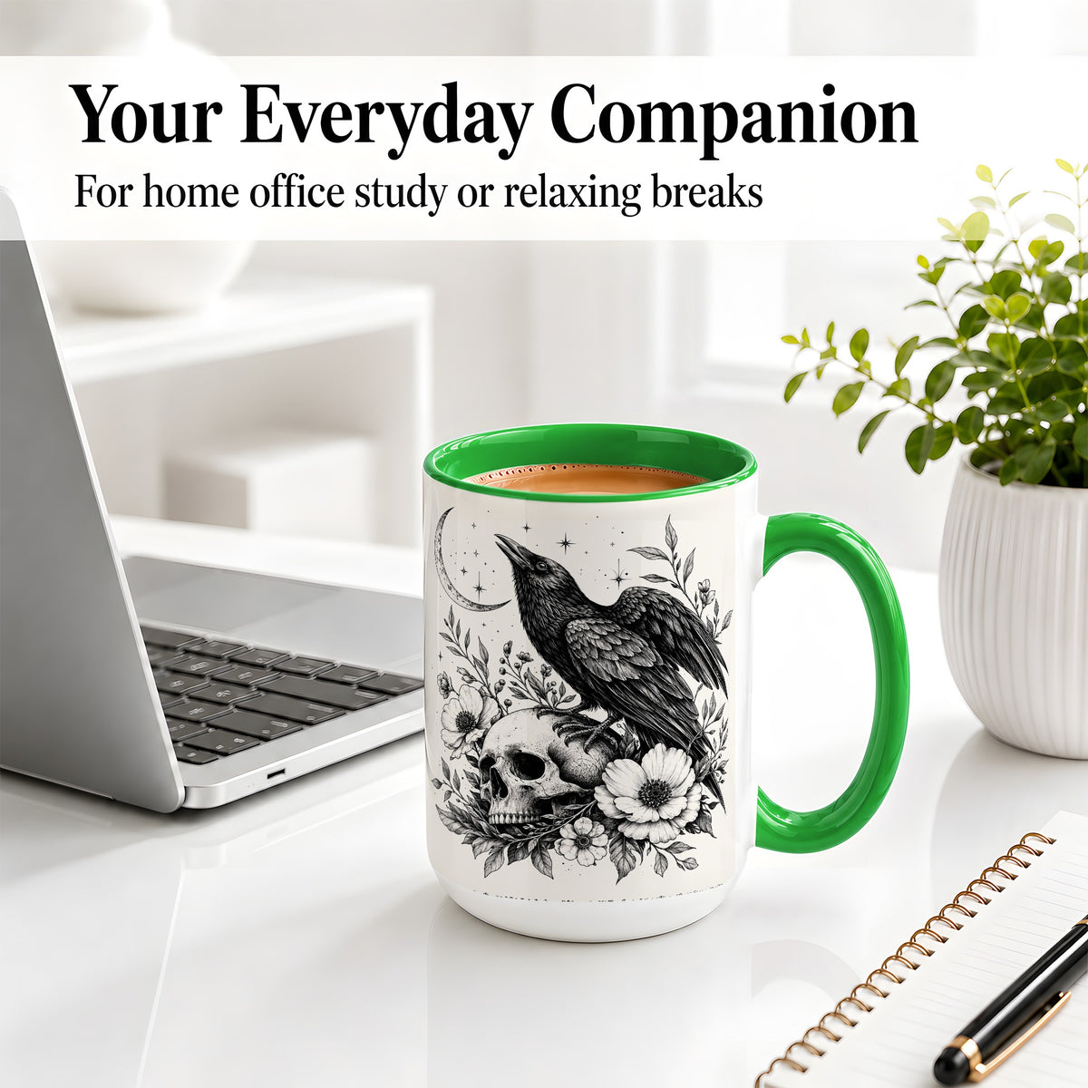 #pl[15oz|Green] Raven Skull Floral Ceramic Mug, Crescent Moon Gothic Artwork