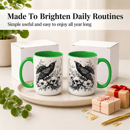 #pl[15oz|Green] Raven Skull Floral Ceramic Mug, Crescent Moon Gothic Artwork