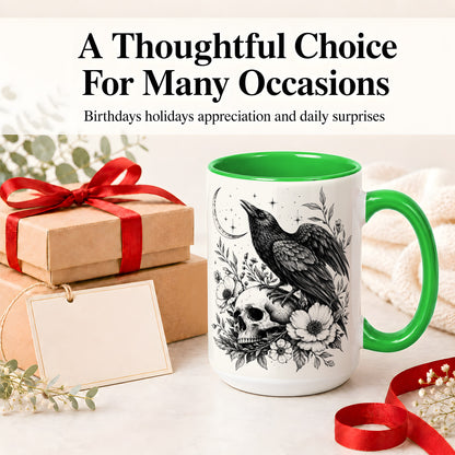 #pl[15oz|Green] Raven Skull Floral Ceramic Mug, Crescent Moon Gothic Artwork
