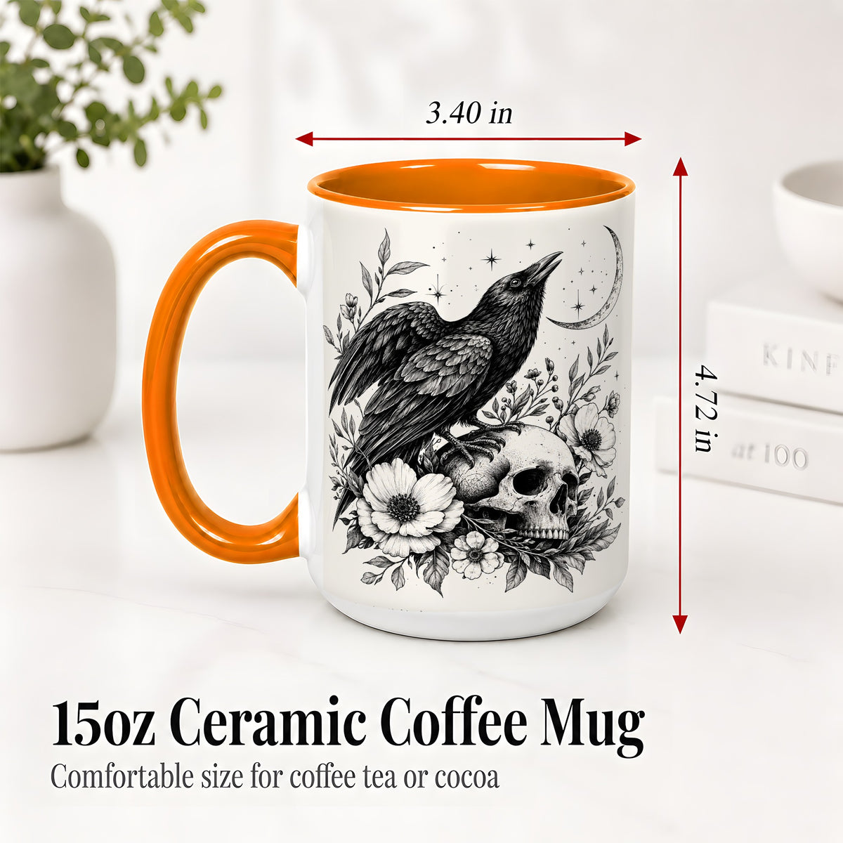 #pl[15oz|Orange] Raven Skull Floral Ceramic Mug, Crescent Moon Gothic Artwork