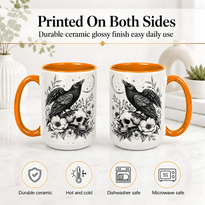 #pl[15oz|Orange] Raven Skull Floral Ceramic Mug, Crescent Moon Gothic Artwork